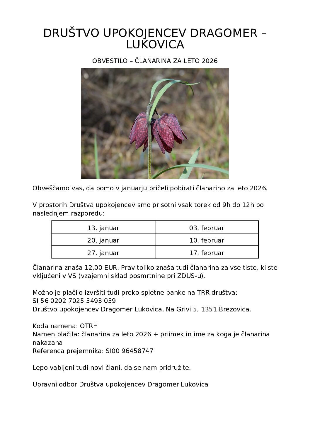 Obvestilo- članarina za leto 2026
